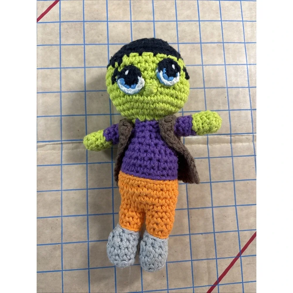 Hand-Crocheted‎ Frankenstein Amigurumi Doll - Purple & Orange Outfit.